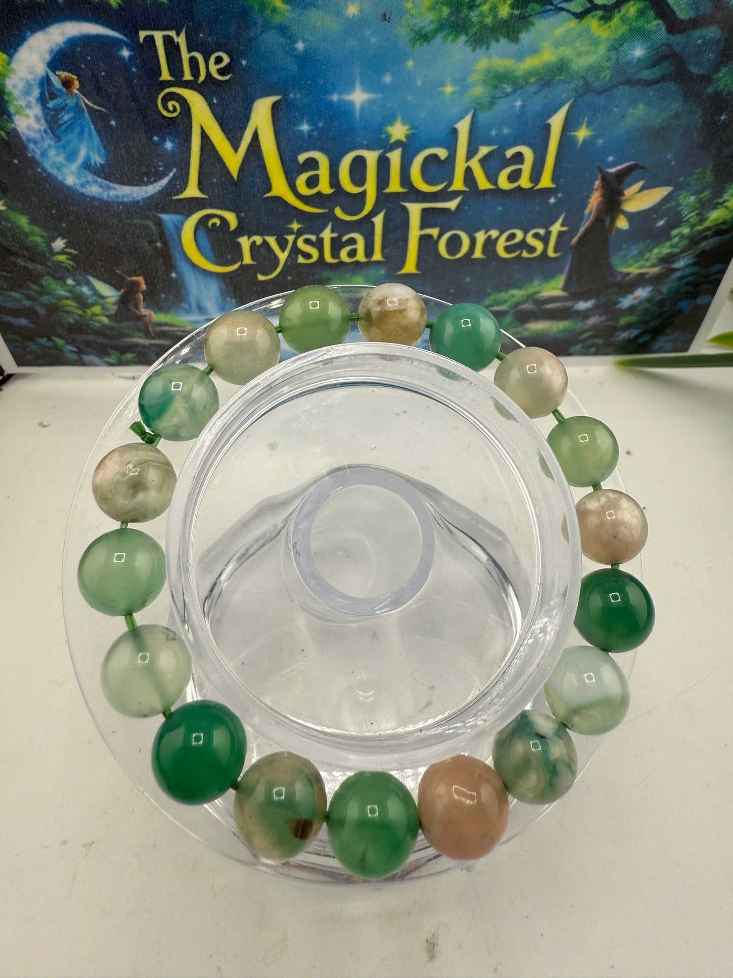 Green Flower Agate Bead Bracelet 8mm