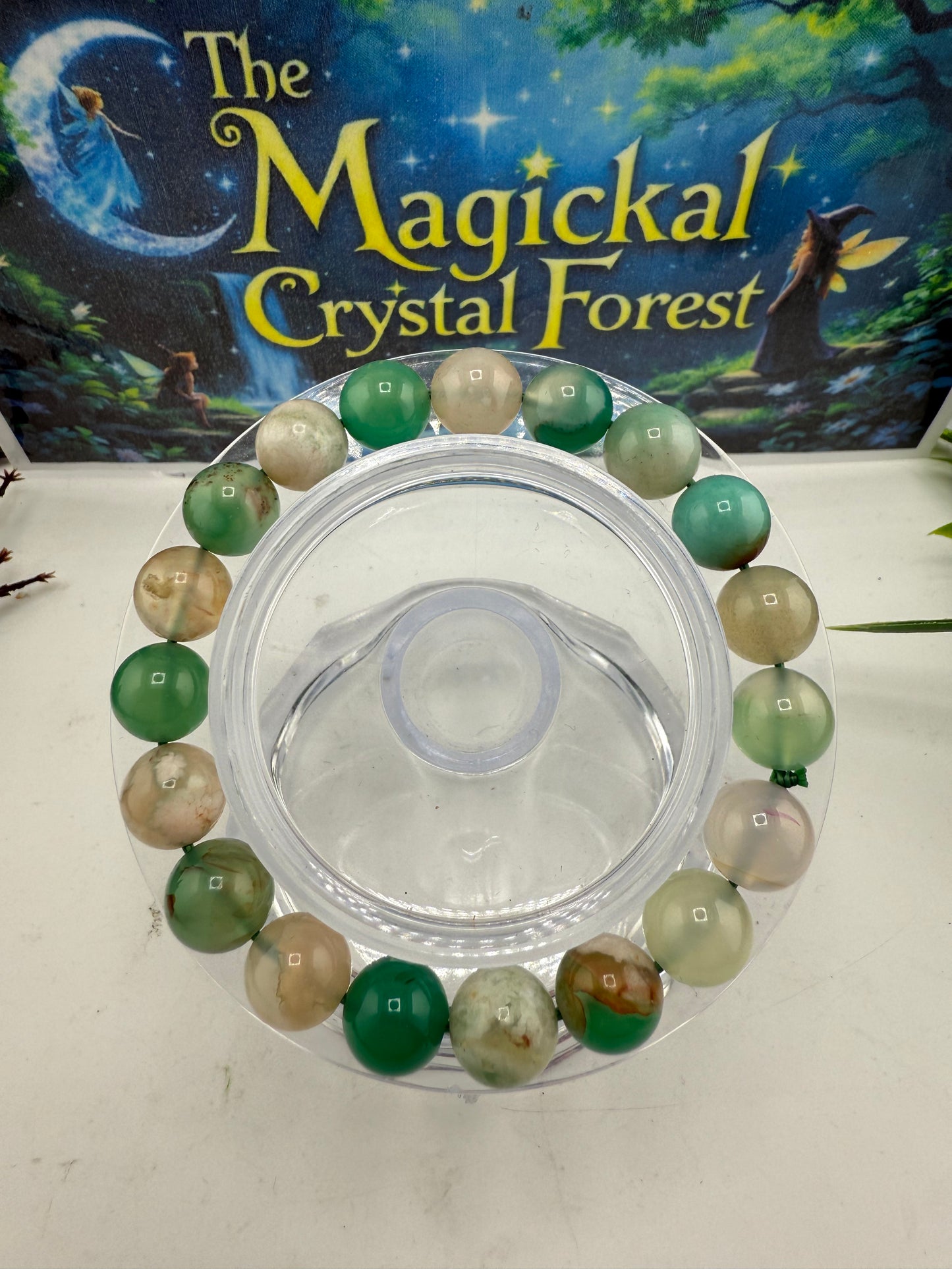 Green Flower Agate Bead Bracelet 10mm