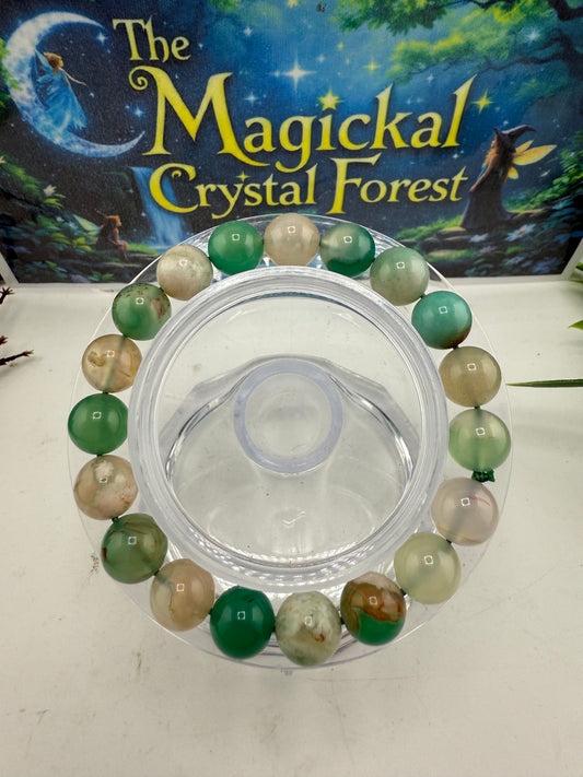 Green Flower Agate Bead Bracelet 10mm