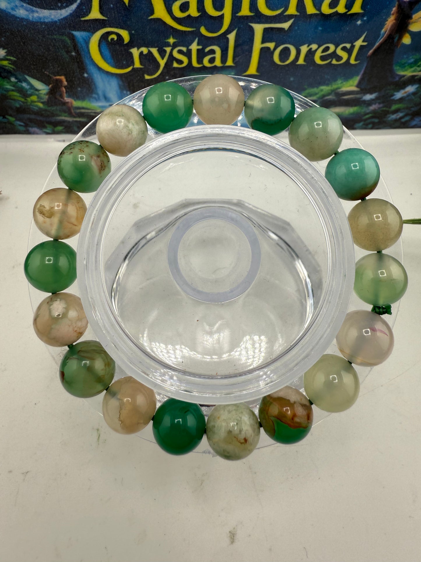 Green Flower Agate Bead Bracelet 10mm