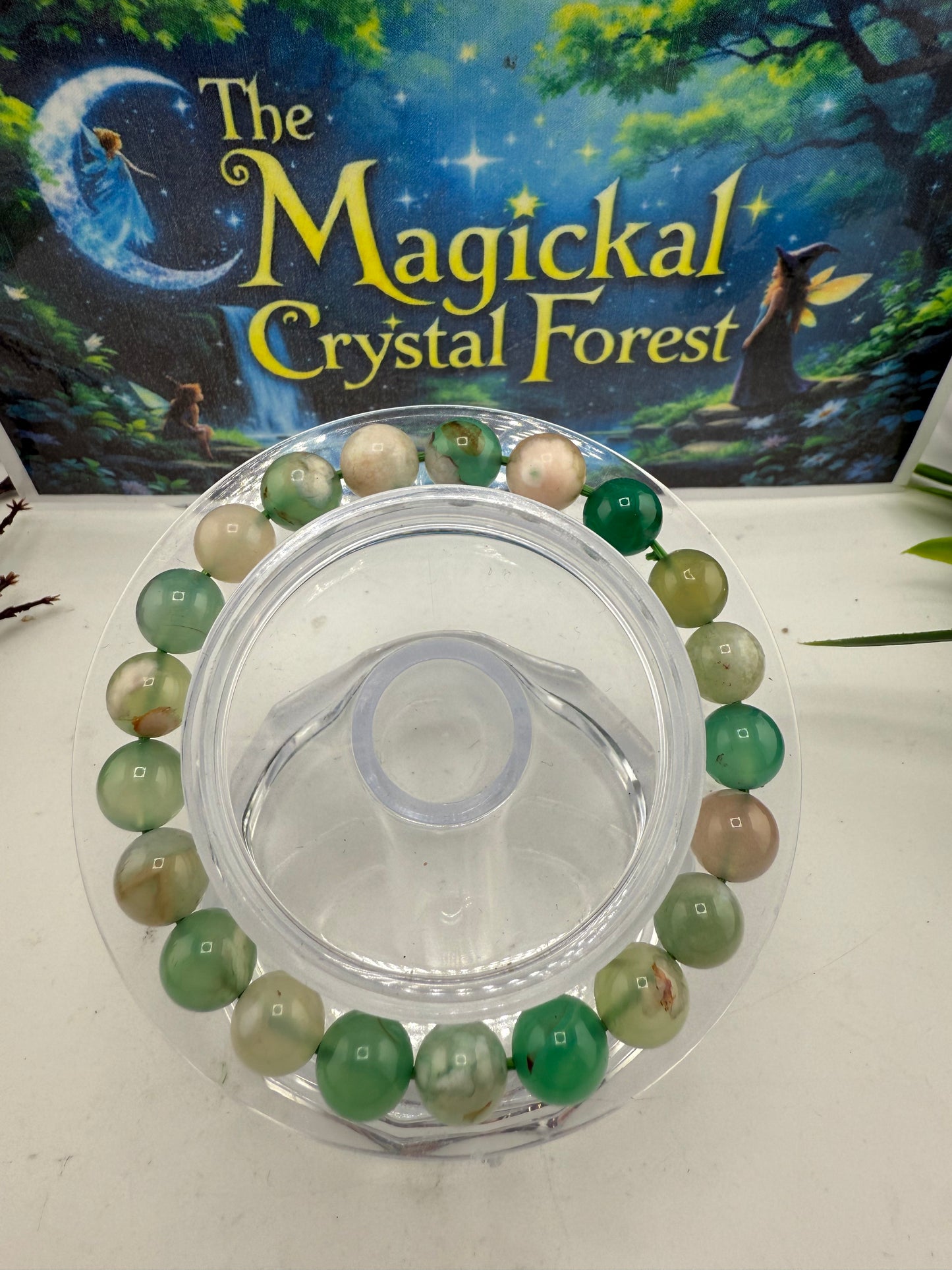 Green Flower Agate Bead Bracelet 8mm